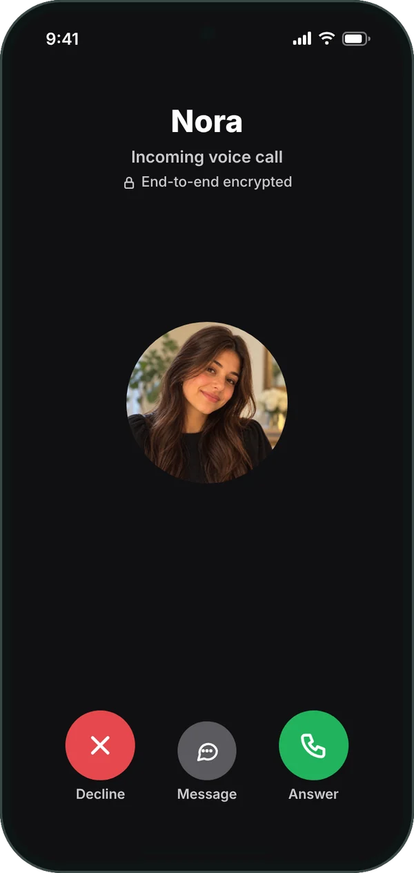 An incoming end-to-end encrypted voice call from Nora