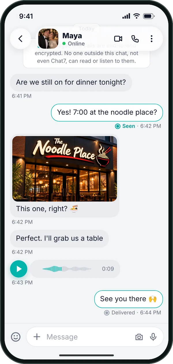 A chat with Maya, with a note that messages and calls are end-to-end encrypted