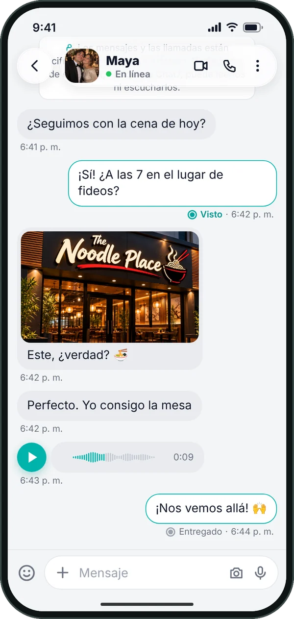 Un chat con Maya, con un aviso de que los mensajes y las llamadas están cifrados de extremo a extremo