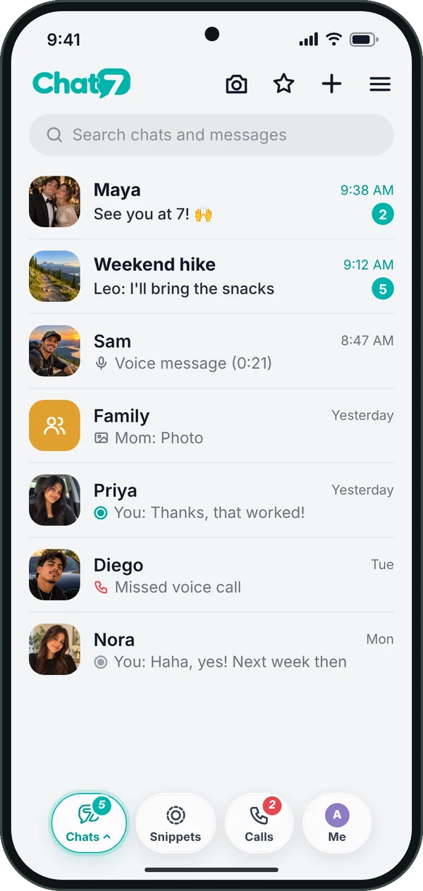 The Chat7 chat list, with chats from Maya, Sam and Priya and a Weekend hike group