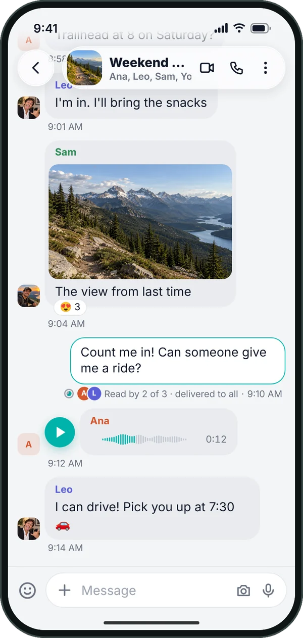 The Weekend hike group chat with messages, a shared photo and a voice message