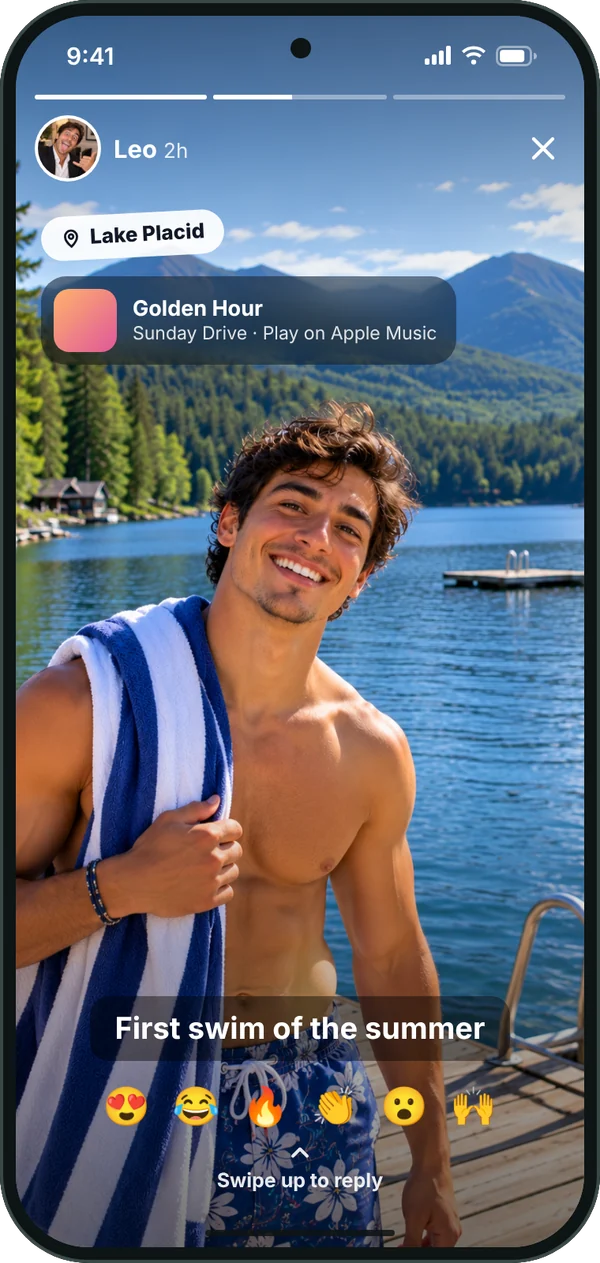 A Snippet from Leo: a lake at sunset with the caption First swim of the summer